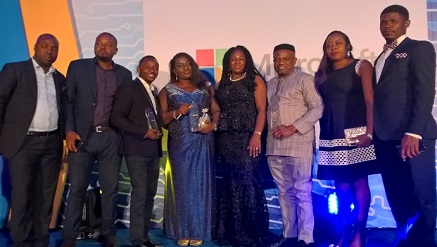 (L-r): Richard Obi, head, HR; Samuel Woghiren, strategic business manager; Adedamola Omirinde, SMB lead; Evelyn Chukwurah, Microsoft Product lead; Adanma Onuegbu, CEO; Yinka Ntia, CTO, Busola Oresanya, product and marketing manager, and Kenneth Ufomba, Lead consultant, Microsoft Platforms, during Microsoft Global & National Partner Awards in Lagos recently.
